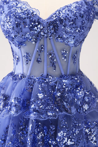 Robe de soirée courte bleu foncé scintillante à épaules dénudées et à volants avec corset et paillettes