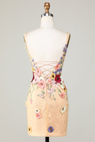 Champagne Bodycon Deep V-Neck Short Homecoming Dress with Appliques