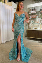 Bling Mermaid Spaghetti Straps Golden Sequins Long Prom Dress with Split Front