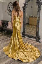 Robe de bal sirène longue métallisée dorée à décolleté cœur et corset fendu sur le devant