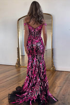Sparkly  Off the Shoulder Mermaid Sequins Long Prom Dress with Slit