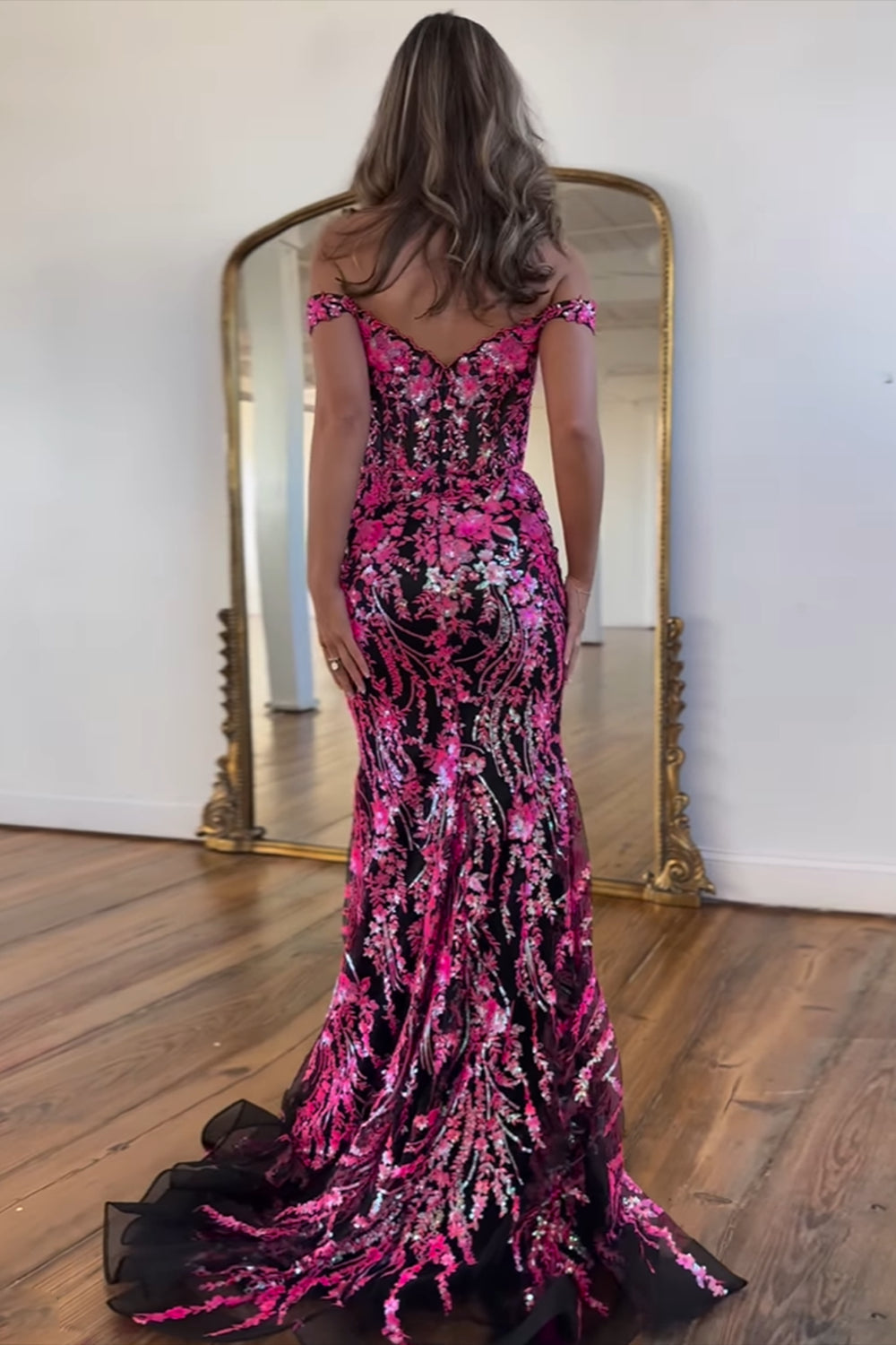 Sparkly  Off the Shoulder Mermaid Sequins Long Prom Dress with Slit