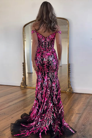 Vestido largo de fiesta de sirena con lentejuelas brillantes, hombros descubiertos y abertura.