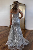 Sparkly  Off the Shoulder Mermaid Sequins Long Prom Dress with Slit