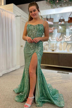 Sparkly Spaghetti Straps Sequins Mermaid Long Prom Dress with Slit