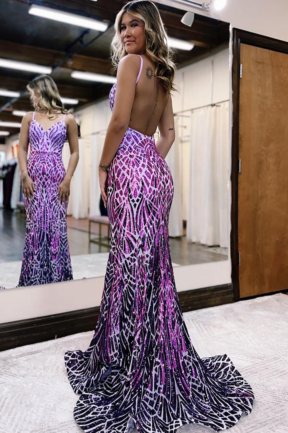 Sparkly Spaghetti Straps Fuchsia Sequins Mermaid Long Prom Dress