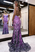 Sparkly Spaghetti Straps Fuchsia Sequins Mermaid Long Prom Dress