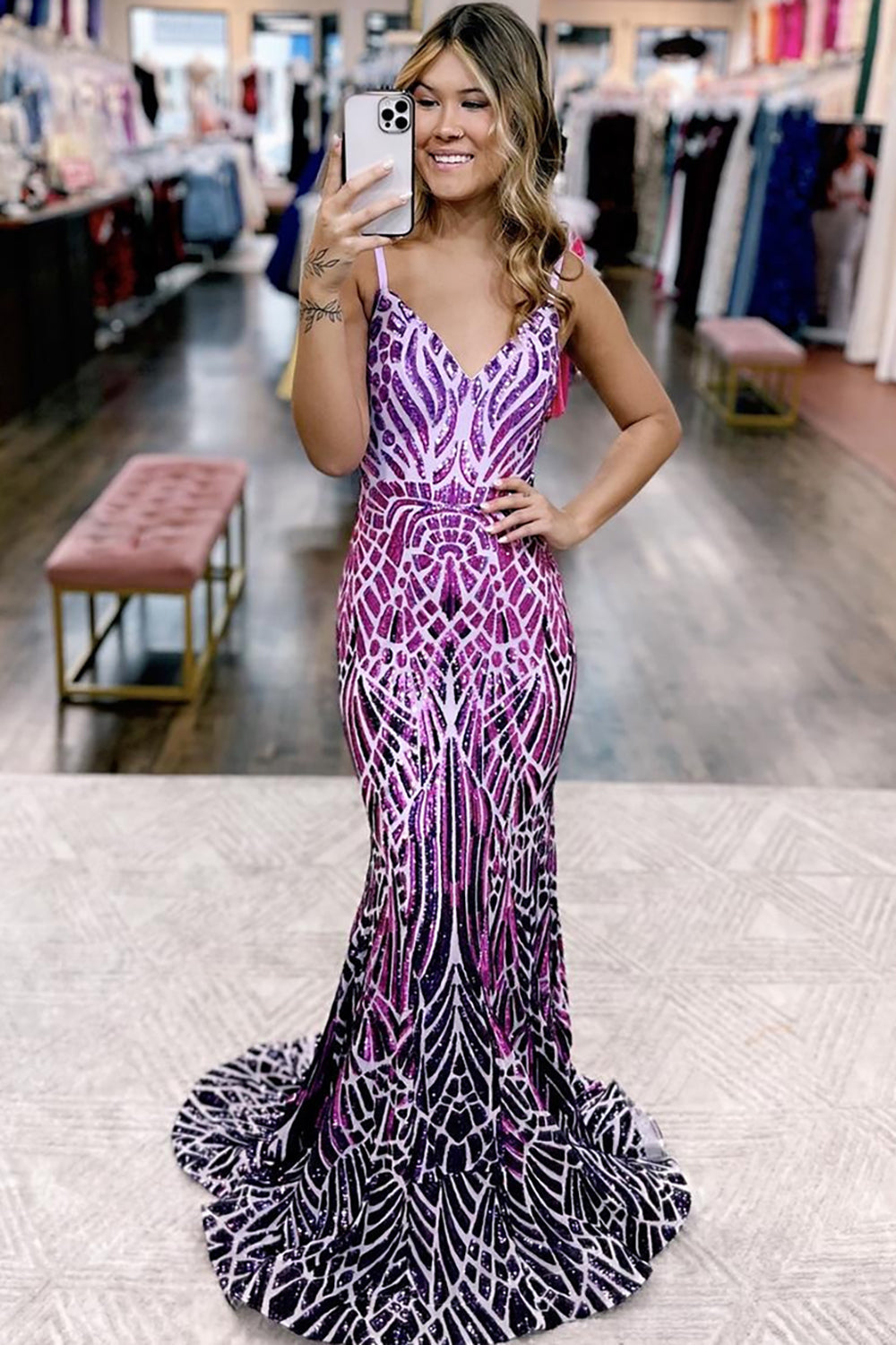 Sparkly Spaghetti Straps Fuchsia Sequins Mermaid Long Prom Dress