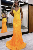 Sparkly Spaghetti Straps Fuchsia Sequins Mermaid Long Prom Dress