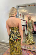 Sparkly Golden Halter Neck Mermaid Open Back Prom Dress with Slit