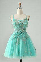 Cute Green A Line Spaghetti Straps Corset Short Homecoming Dress with Appliques