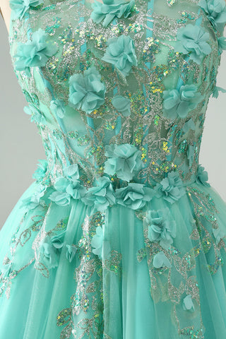 Robe de bal courte verte à bretelles spaghetti et corset ornée d'appliqués