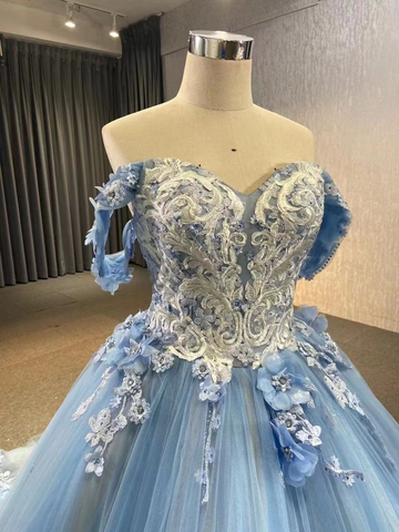 Robe de bal bleue en dentelle et tulle à épaules dénudées, modèle Y4561