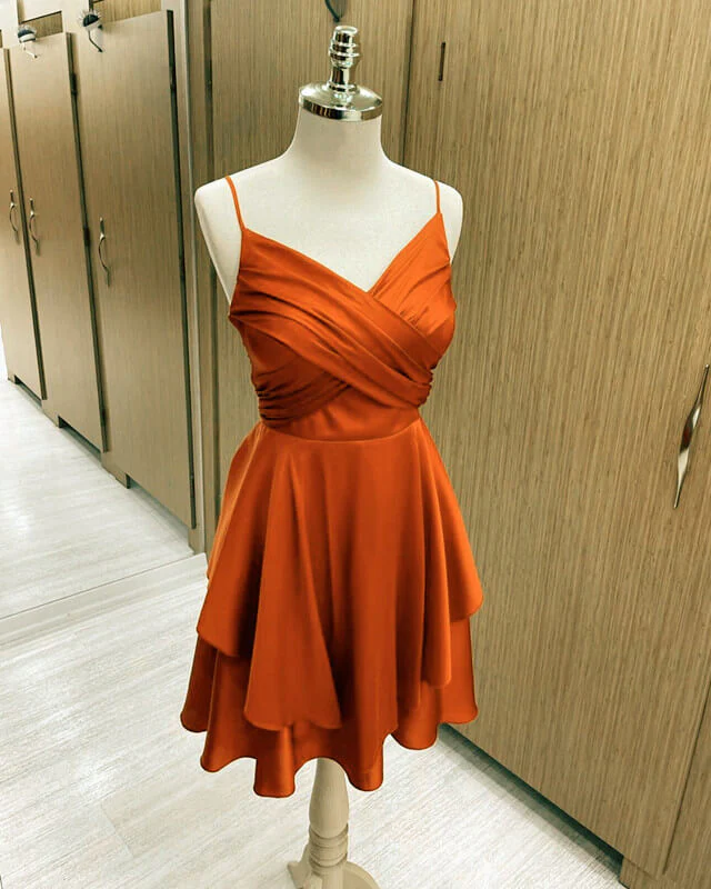 Robe de cocktail courte en satin orange brûlé, col en V, robe semi-formelle, robe de bal de fin d'année Y1457