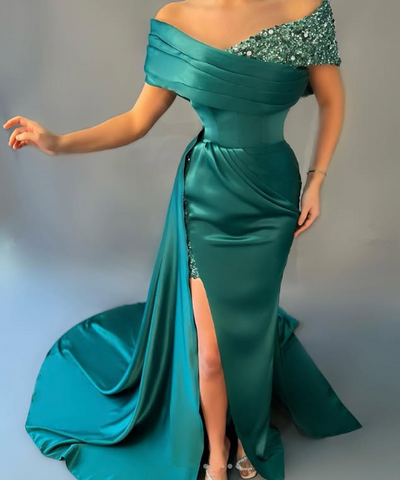 Elegant Green Off The Shoulder Satin Sequins Prom Dress Long Slit Mermaid Evening Dress Y8527