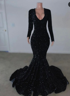 Vestido de noche sirena de manga larga con lentejuelas negras, vestido de recepción negro Y5987