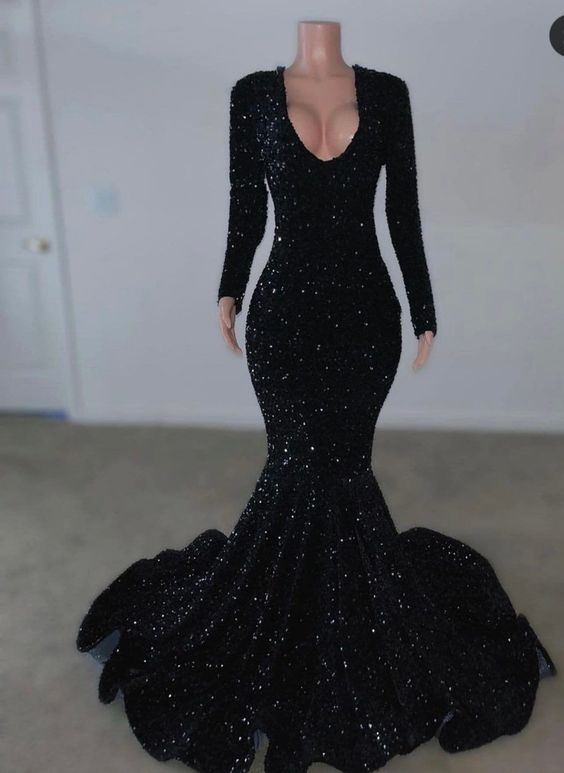Vestido de noche sirena de manga larga con lentejuelas negras, vestido de recepción negro Y5987