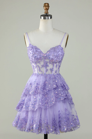 Vestido de fiesta con tirantes, lentejuelas lavanda, corsé y capas Y2907