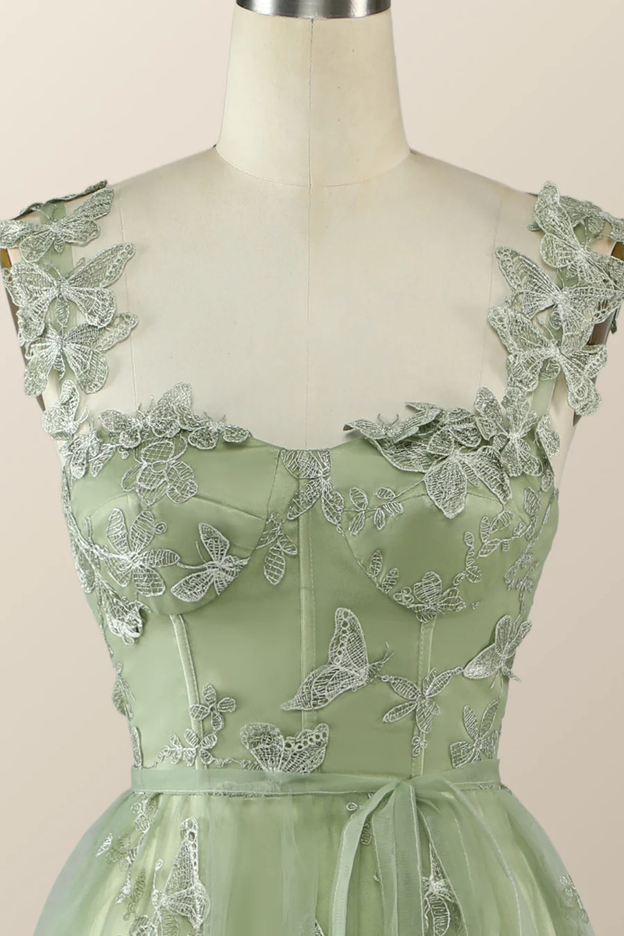 Vestido de noche largo de fiesta corte A con mariposas en color verde salvia Y2801