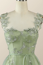 Vestido de noche largo de fiesta corte A con mariposas en color verde salvia Y2801