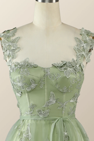 Robe de soirée longue trapèze vert sauge à motif papillon Y2801