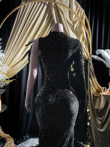 Black Sequins Rhinestone Applique Long Sleeve Mermaid Prom Dress Evening Dress Y8313