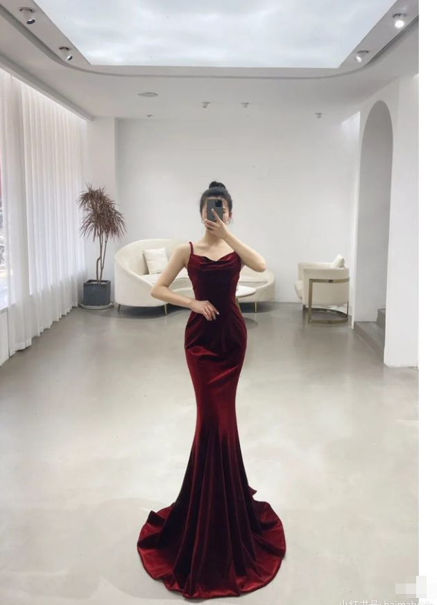 Robe de soirée sirène élégante en velours rouge, robe de bal longue Y7824