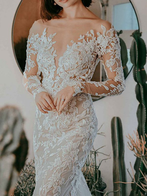 Robe de mariée blanche sirène longue Y101, décolleté illusion, manches longues, dos nu, taille naturelle, dentelle et traîne