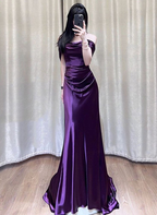 Vestido largo de noche morado satinado con hombros descubiertos, vestido de graduación satinado Y7440