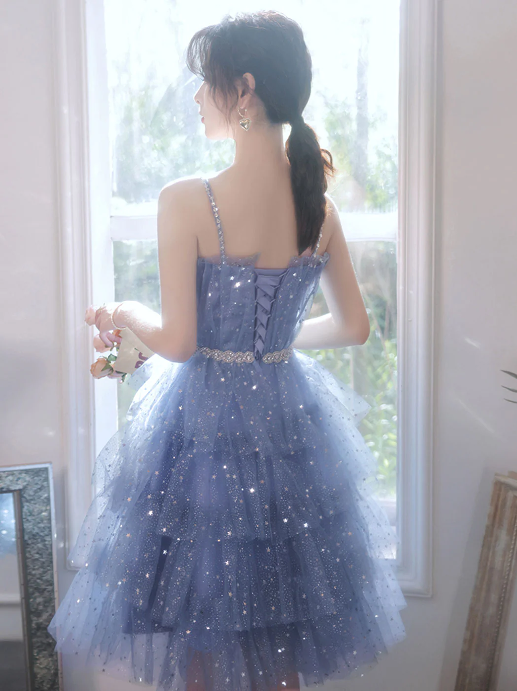 Vestido corto azul de fiesta con tul, vestido corto azul de fiesta de bienvenida Y2620