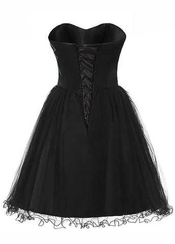 Robe de cocktail courte trapèze en tulle satiné ornée de perles, décolleté cœur, robe de soirée noire Y8483