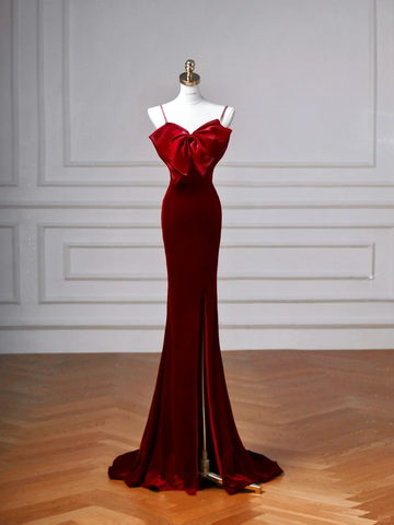 Charming Burgundy Velvet Slit Mermaid Evening Dress Long Prom Dress Y8603