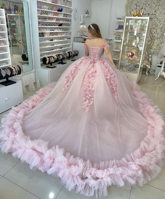 Vestido de quinceañera rosa con volantes, vestido de baile rosa para dulces 16 años Y6053