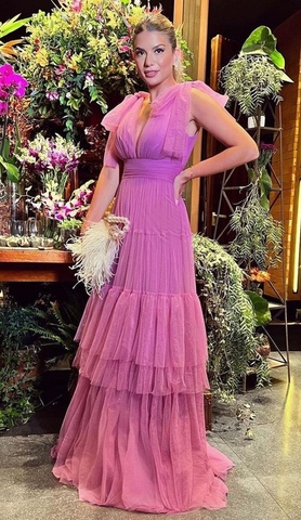 Elegante vestido de noche corte A con escote en V para invitada de boda Y5110