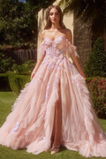Robe de soirée rose à volants en tulle, fente et épaules dénudées, ornée d'appliqués, référence Y8359