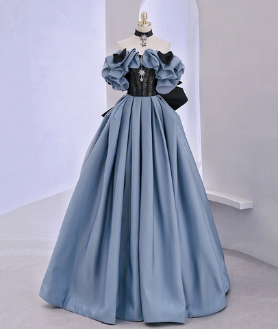 Robe de bal longue en satin et dentelle à épaules dénudées, robe de soirée bleue Y2619