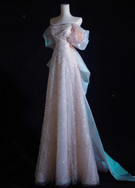 Robe de bal longue rose en tulle à sequins et perles, coupe trapèze, épaules dénudées, modèle Y8050