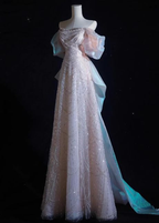 Robe de bal longue rose en tulle à sequins et perles, coupe trapèze, épaules dénudées, modèle Y8050