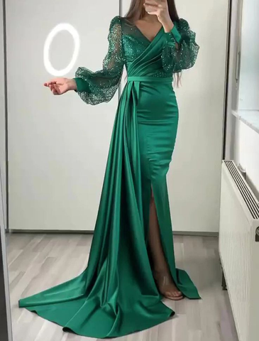 Vestido de noche de satén verde oscuro con escote en V estilo sirena y manga larga Y6109