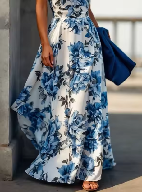 Nouvelle robe de soirée bleue Y8480, sans manches, en satin imprimé floral, col halter, coupe trapèze