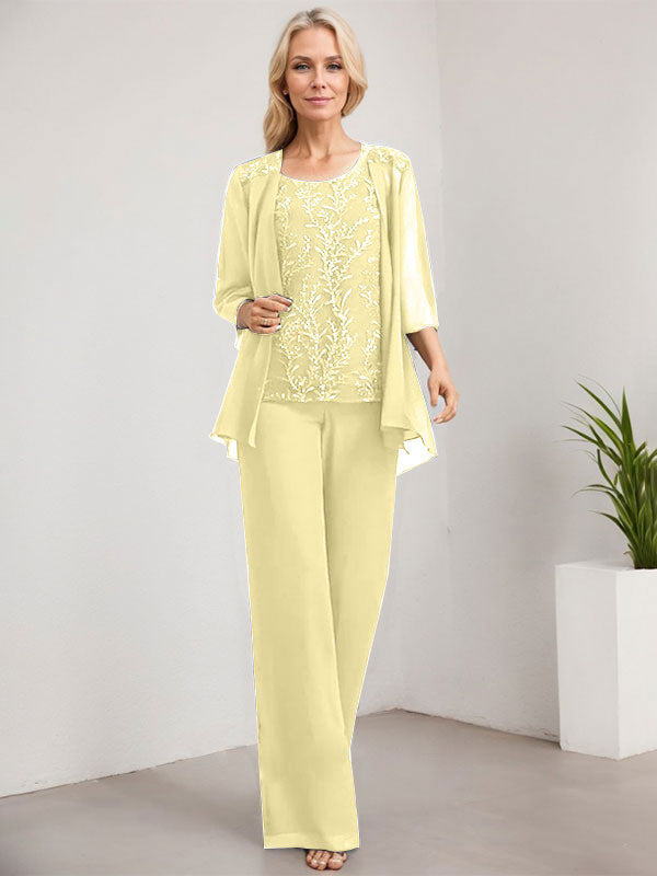 Vestido de novia de gasa con encaje y lentejuelas, estilo mono/pantalón, largo hasta el suelo, con escote redondo.