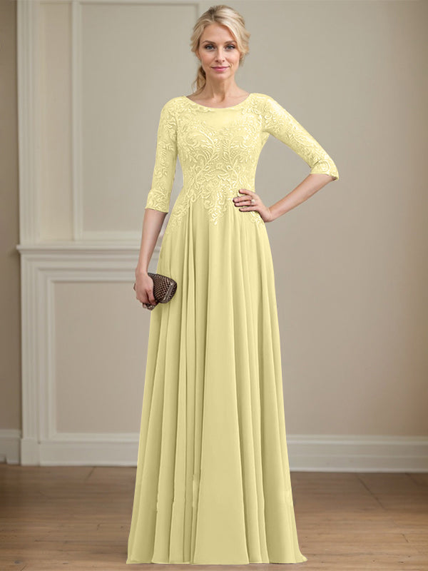 Robe de mère de la mariée en mousseline de dentelle, coupe trapèze, décolleté illusion, longueur au sol, ornée de sequins 