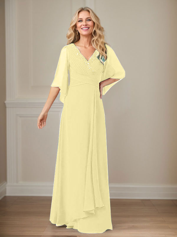Vestido de mamá largo de gasa con lentejuelas, escote en V y corte en A