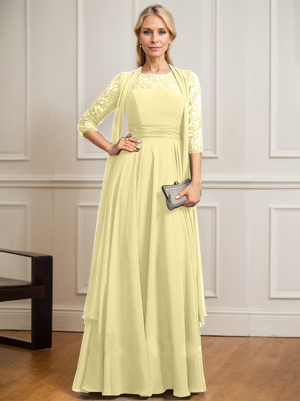 Vestido de novia de corte A, escote redondo ilusión, largo hasta el suelo, de gasa de encaje con pliegues. 