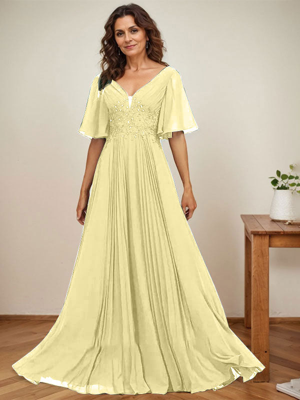Vestido de corte A, escote en V, largo hasta el suelo, de gasa, para la madre de la novia, con apliques de lentejuelas y encaje plisado. 