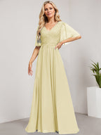 Vestido de novia de corte A, escote en V, largo hasta el suelo, de gasa de encaje con lentejuelas para la madre de la novia 