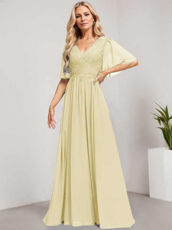 Vestido de novia de corte A, escote en V, largo hasta el suelo, de gasa de encaje con lentejuelas para la madre de la novia 