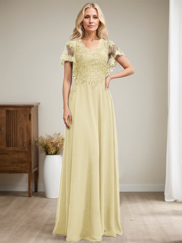 Vestido de novia de corte A, escote en V, largo hasta el suelo, de gasa de encaje con lentejuelas para la madre de la novia 