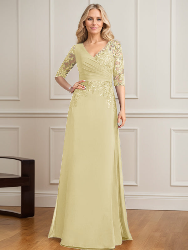 Robe de mère de la mariée en mousseline de dentelle, coupe trapèze, col en V, longueur au sol, ornée de sequins plissés 