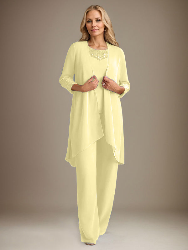 Traje pantalón de gasa con escote redondo y mangas largas para la madre de la novia, con chaqueta. 